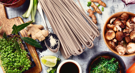 Asian vegetarian cooking ingredients. Top viewの写真素材