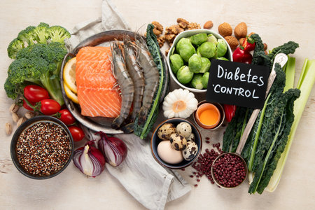 Ketogenic diet concept, ingredients for healthy food. Various balanced useful components healthy low carbohydrate foods on a light background. Top view.の写真素材