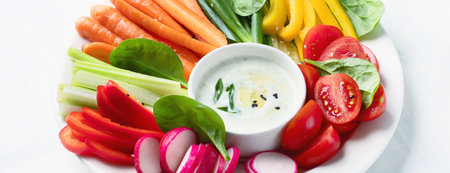 Healthy snacks. Fresh vegetables with sauce on a white background. Top view. Panorama.の写真素材