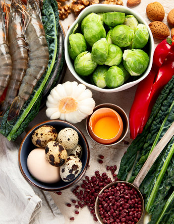 Ketogenic diet concept, ingredients for healthy food. Various balanced useful components healthy low carbohydrate foods on a light background. Top view.の写真素材