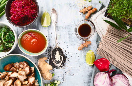Asian food background. Asian vegetarian cooking ingredients. Top view, flat layの写真素材