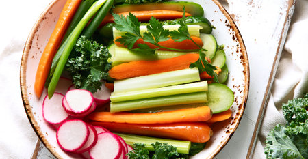 Healthy snacks. Fresh, organic vegetables. Top view. Panorama with copy space.の写真素材