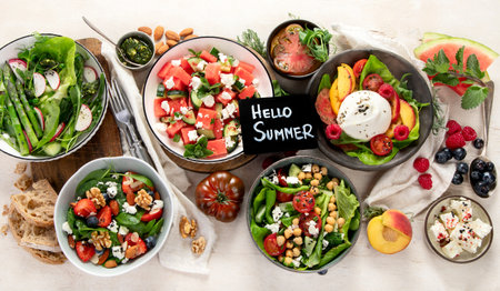 Various summer salads with strawberry, herbs. Healthy salad with arugula, peaches, burrata, blueberries and walnuts on a light background. Fresh healthy dish for healthy eating. Top view.の写真素材
