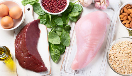 Foods High in Selenium. Healthy diet concept. Top view, flat layの写真素材