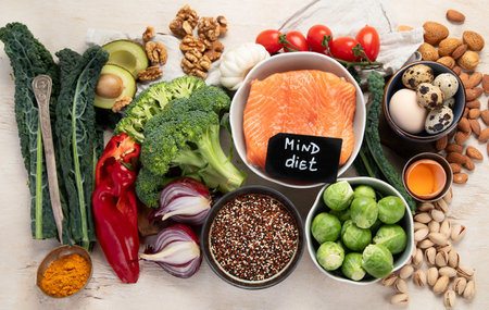 Various brain food products: fish, meat, nuts, vegetables and greens. Healthy food on a light background. Top view.の写真素材