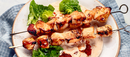 Chicken skewers on plate. Top view, panorama, bannerの写真素材