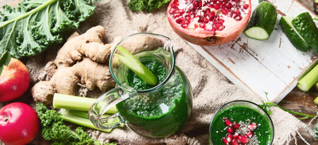 Freshly blended green smoothie. Clean and detox concept. Top view.の写真素材