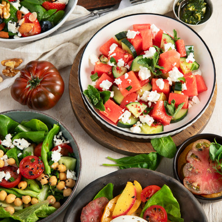 Various summer salads with strawberry, herbs. Healthy salad with arugula, peaches, burrata, blueberries and walnuts on a light background. Fresh healthy dish for healthy eating. Top view.の写真素材