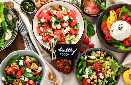 Various summer salads with strawberry, herbs. Healthy salad with arugula, peaches, burrata,...