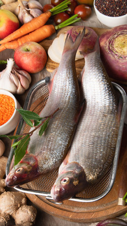 Cooking ingredients on rustic wooden board. Healthy lifestyle and food concept. Top viewの写真素材
