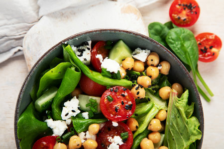 Vegetarian chickpea salad prepared with tomatoes, cucumber, salad, chickpeas and cheese in a bowl on a light background. healthy lifestyle Top viewの写真素材