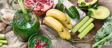 Freshly blended green smoothie. Clean and detox concept. Top view. Panorama.の写真素材