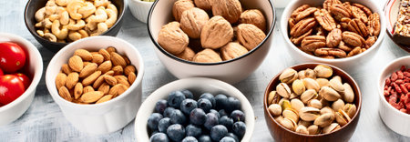 Healthy snacks - nuts, seeds, fruits on a gray background. Top view. Panorama.の写真素材