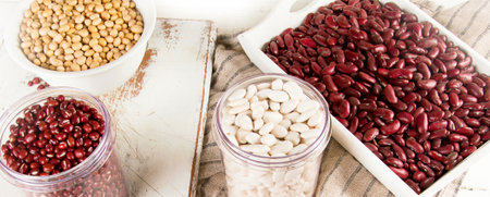 Assortment of beans on a white background. Top view. Panorama.の写真素材