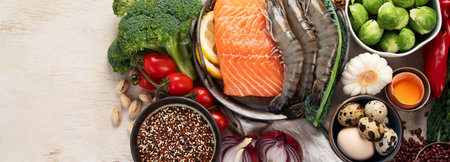 Ketogenic diet concept, ingredients for healthy food. Various balanced useful components healthy low carbohydrate foods on a light background. Top view. Panorama with copy space.の写真素材