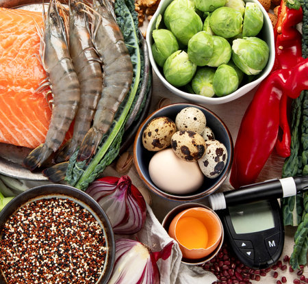Ketogenic diet concept, ingredients for healthy food. Various balanced useful components healthy low carbohydrate foods on a light background. Top view.の写真素材