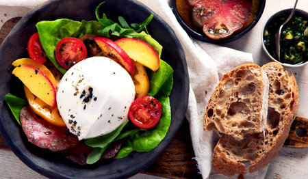 Salad with burrata cheese, lettuce and tomatoes. Healthy eating diet with fiber, vitamins and antioxidantsの写真素材