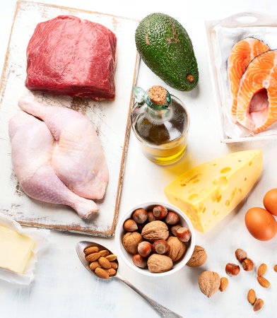 Ketogenic diet. Healthy eating food. Top view, flat layの写真素材