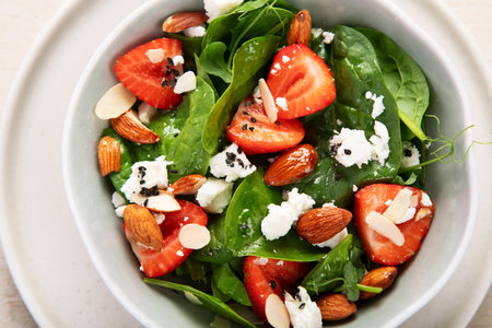 Spinach and strawberry summer salad with cottage cheese and almonds in a bowl on a light background. Top view.の写真素材