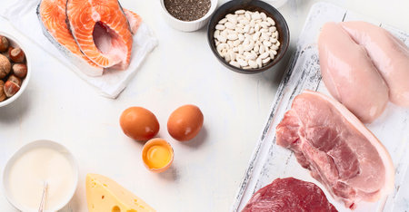 High protein foods. Top view Healthy diet conceptの写真素材