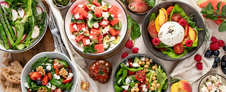 Various summer salads with strawberry, herbs. Healthy salad with arugula, peaches, burrata, blueberries and walnuts on a light background. Fresh healthy dish for healthy eating. Top view. Panorama.の写真素材