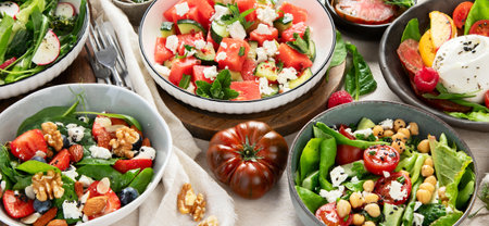 Various summer salads with strawberry, herbs. Healthy salad with arugula, peaches, burrata, blueberries and walnuts on a light background. Fresh healthy dish for healthy eating. Top view.の写真素材