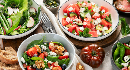 Various summer salads with strawberry, herbs. Healthy salad with arugula, peaches, burrata, blueberries and walnuts on a light background. Fresh healthy dish for healthy eating. Top view.の写真素材