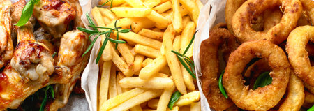 Fast food snacks - onion rings, fries and chicken wings. American food., top view