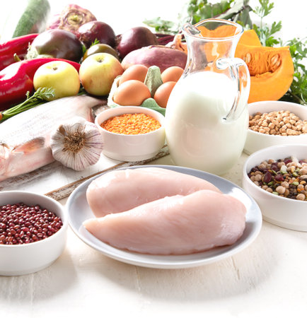 Balanced food concept. Ingredients for healthy cookingの写真素材