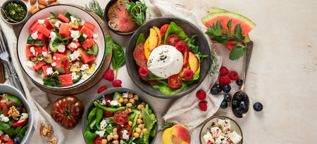 Various summer salads with strawberry, herbs. Healthy salad with arugula, peaches, burrata, blueberries and walnuts on a light background. Top view, copy space.の写真素材
