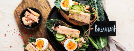 Toasts with tuna. Bruschetta sandwiches with canned tuna, egg, cucumber and lettuce on a light background. Top view. Panorama.の写真素材