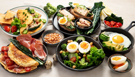 Set with various dishes with fried, boiled and scrambled eggs on white background. Top view.の写真素材