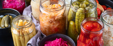 Fermented preserved food. Marinated pickles vegetables in glass jars, panorama, bannerの写真素材
