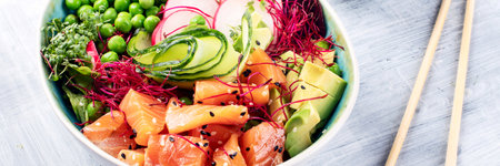 Raw Organic Ahi Salmon Poke Bowl. Top view, panorama, bannerの写真素材