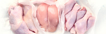 Raw chicken meat. Top view. Healthy diet food, panorama, bannerの写真素材