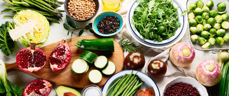 Seasonal vegetarian, vegan cooking ingredients. Healthy food background. Top view. Flat layの写真素材