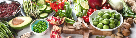 Vegetables, fruit, cereals, beans, superfoods for vegan, vegetarian, clean eating diet. Diet food concept. Healthy food background, panorama, bannerの写真素材