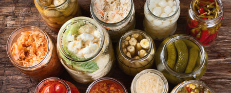 Different Fermented preserved vegetables in glass jars on a rustic wooden background, panorama, bannerの写真素材