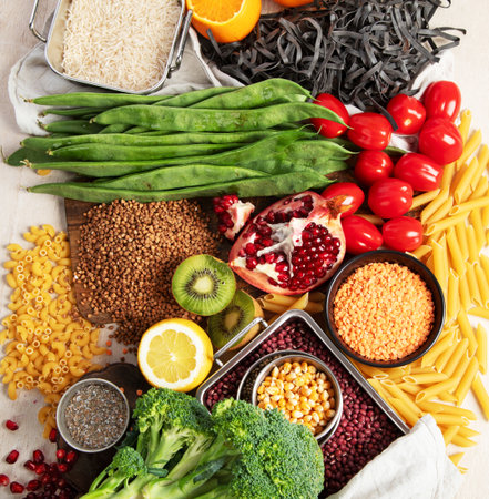 Ketogenic diet food. Healthy low carbs products. Keto diet concept. Vegetables, fish, meat, nuts,...