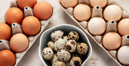 Open egg boxes with different eggs on a light background Fresh organic chicken eggs in carton pack or egg container. Top view.の写真素材