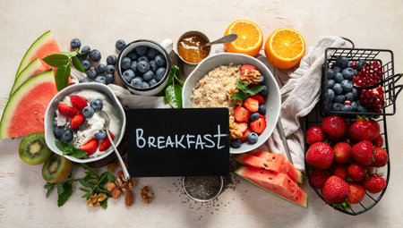 Organic ingredients for healthy breakfast - yoghurt, nuts, fresh fruits, oatmeal, whole grain flakes on white background. Top view.の写真素材
