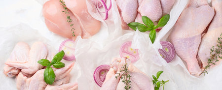 Raw chicken meat. Top view. Healthy diet food. Panorama, bannerの写真素材