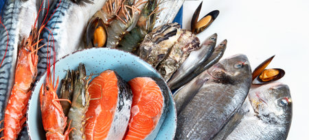 Fresh fish and seafood. Healthy diet eating concept. Top view. Panorama, bannerの写真素材