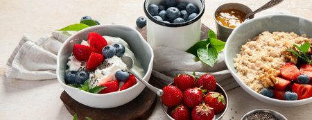 Organic ingredients for healthy breakfast - yoghurt, nuts, fresh fruits, oatmeal, whole grain flakes on white background. Top view. Copy space.の写真素材