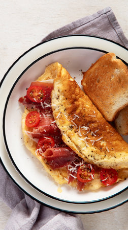 Omelette stuffed with mushrooms, tomatoes and cheese on white background. Top view. Copy space.の写真素材
