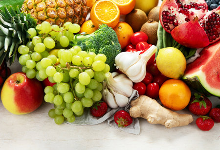 Various of healthy fresh vegetables and fruits. Healthy food for diet. Vegan food concept. Top view. Copy space.の写真素材