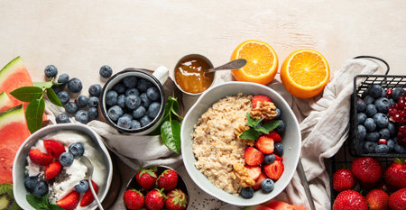 Organic ingredients for healthy breakfast - yoghurt, nuts, fresh fruits, oatmeal, whole grain flakes on white background. Top view. Panorama with copy space.の写真素材