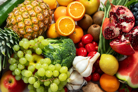 Various of healthy fresh vegetables and fruits. Healthy food for diet. Vegan food concept
