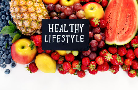 Different fruits collection. Healthy eating and dieting food concept. Panorama with copy space.の写真素材