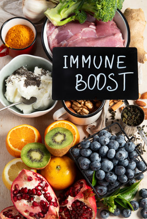 Healthy products - immunity boosters. Fruits and vegetables for healthy immune system. Top view.の写真素材